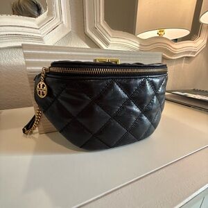 Tory Burch Black Quilted Leather Crossbody Belt Bag with Gold Hardware
